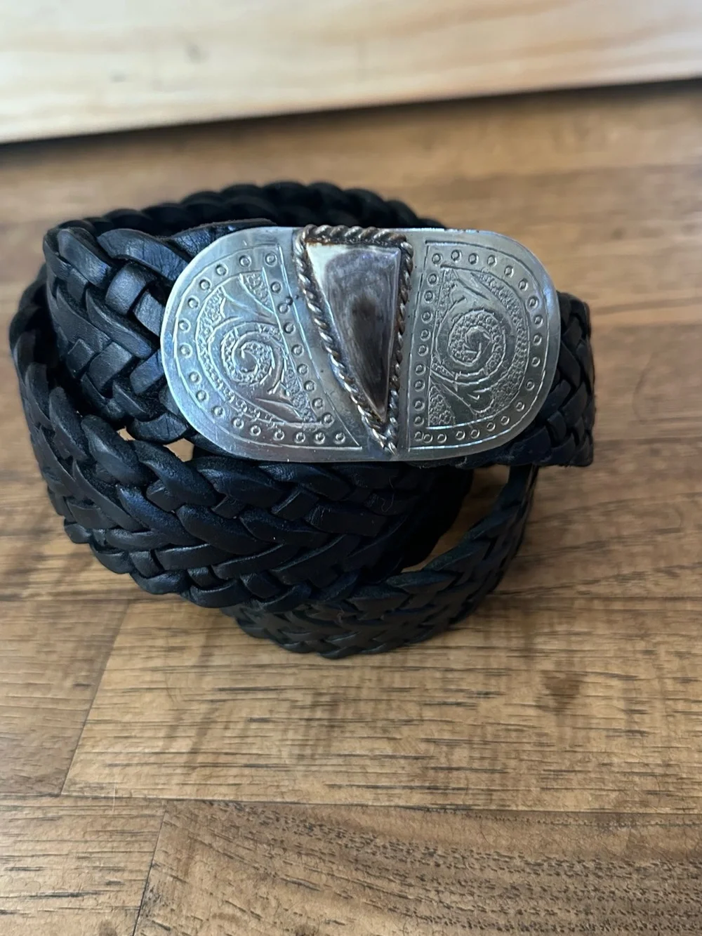 Woven Black Leather Belt with Decorative Silver-Tone Buckle